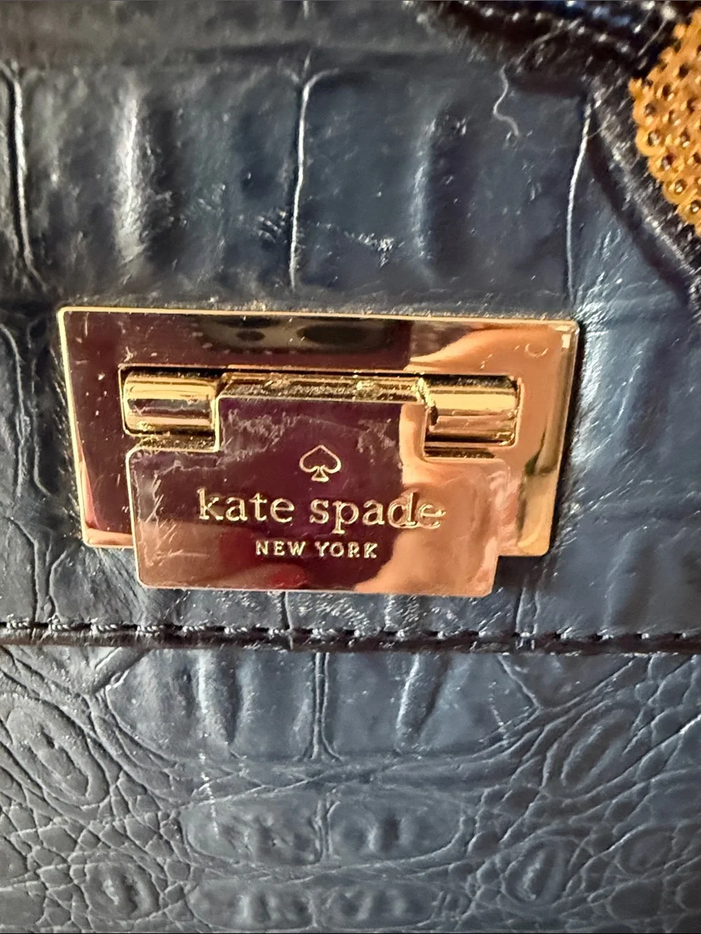 Kate Spade Black Croc-Embossed Top Handle Bag with Peacock Patch